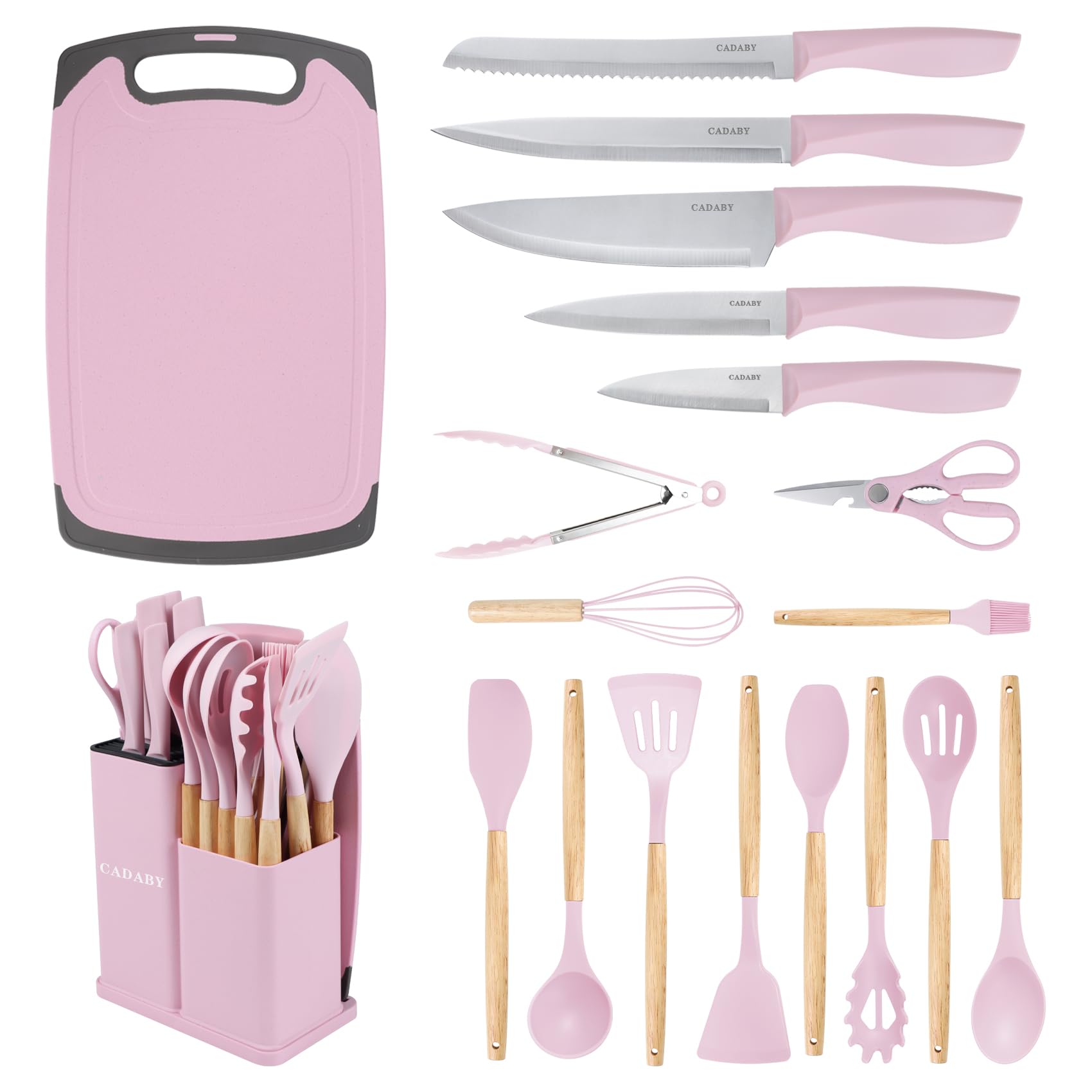 19 PCS Kitchen Cooking Utensils Set, 11 Pieces Silicone Cooking Utensils Set 6 Pieces Sharp Stainless Steel Gray Knife Set with 1 Piece Cutting Board, Ideal for Apartment