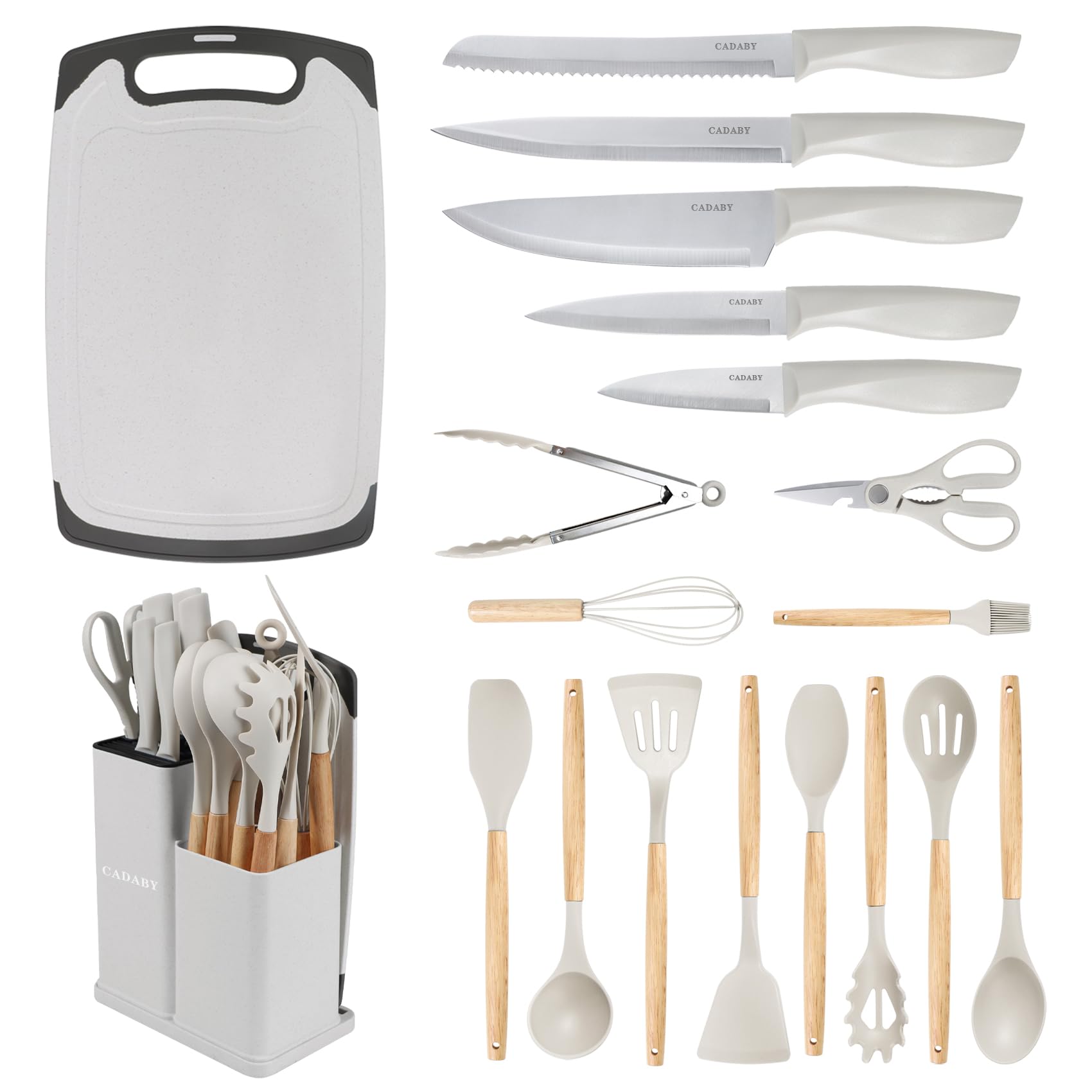 19 PCS Kitchen Cooking Utensils Set, 11 Pieces Silicone Cooking Utensils Set 6 Pieces Sharp Stainless Steel Gray Knife Set with 1 Piece Cutting Board, Ideal for Apartment