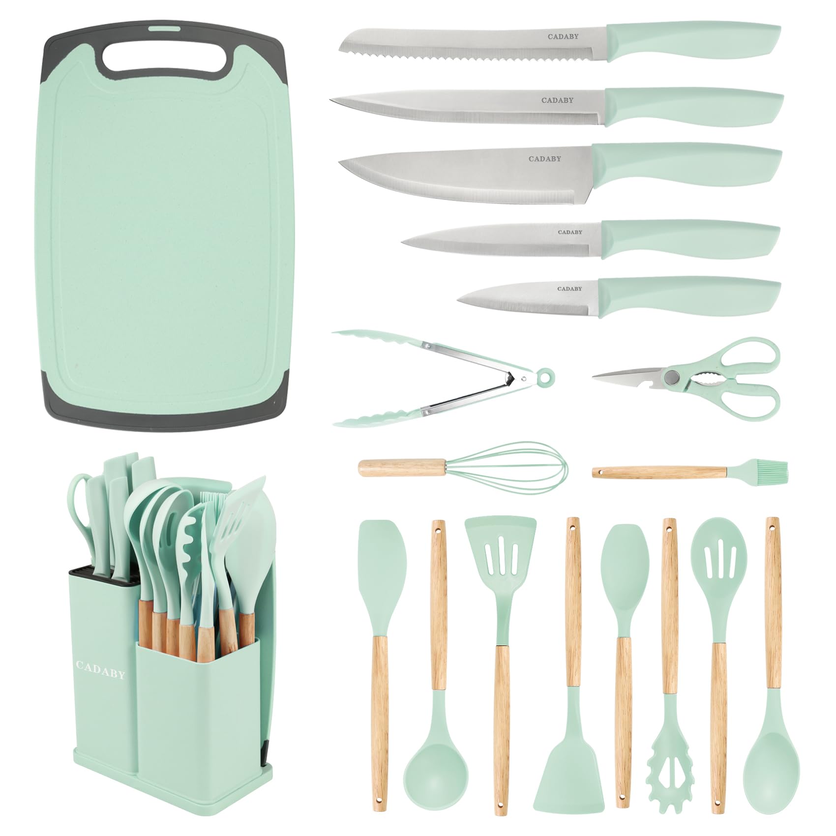 19 PCS Kitchen Cooking Utensils Set, 11 Pieces Silicone Cooking Utensils Set 6 Pieces Sharp Stainless Steel Gray Knife Set with 1 Piece Cutting Board, Ideal for Apartment