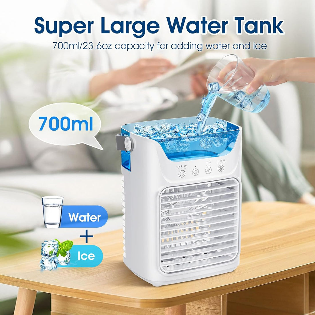Portable Air Conditioners Personal Air Cooler, 3 in 1 Evaporative Air Cooler with 3 Wind Speeds, Large Water Tank, LED Night Lights, 6H Timer, Air Cooling Fan for Bedroom Office