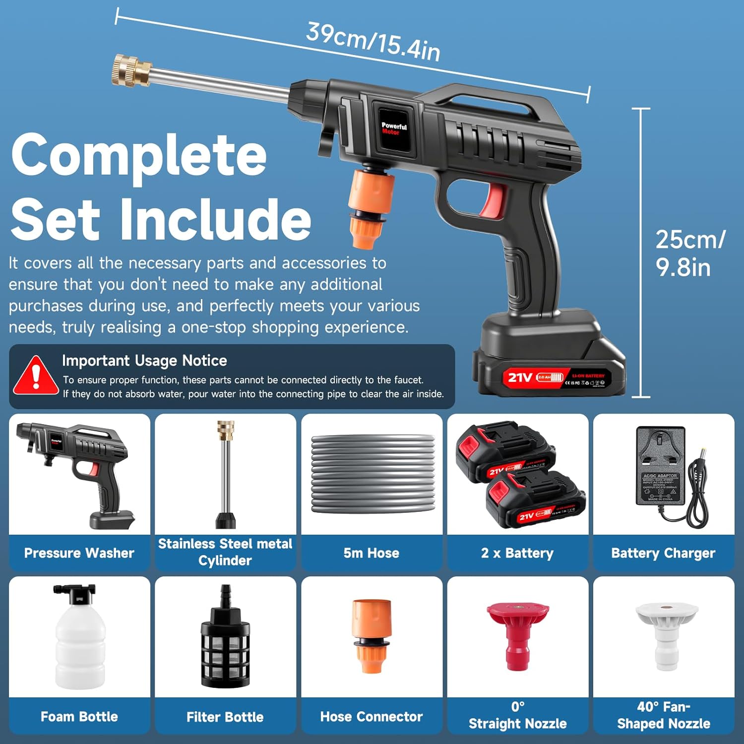 Portable Battery Power Washer 1500W, 60Bar/870 PSI Electric Pressure Washer Handheld High Pressure Car Washer Gun with 2 Nozzles, 2 Battery, 5m Hose Cordless Jet Washers for Car/Floor/Patio