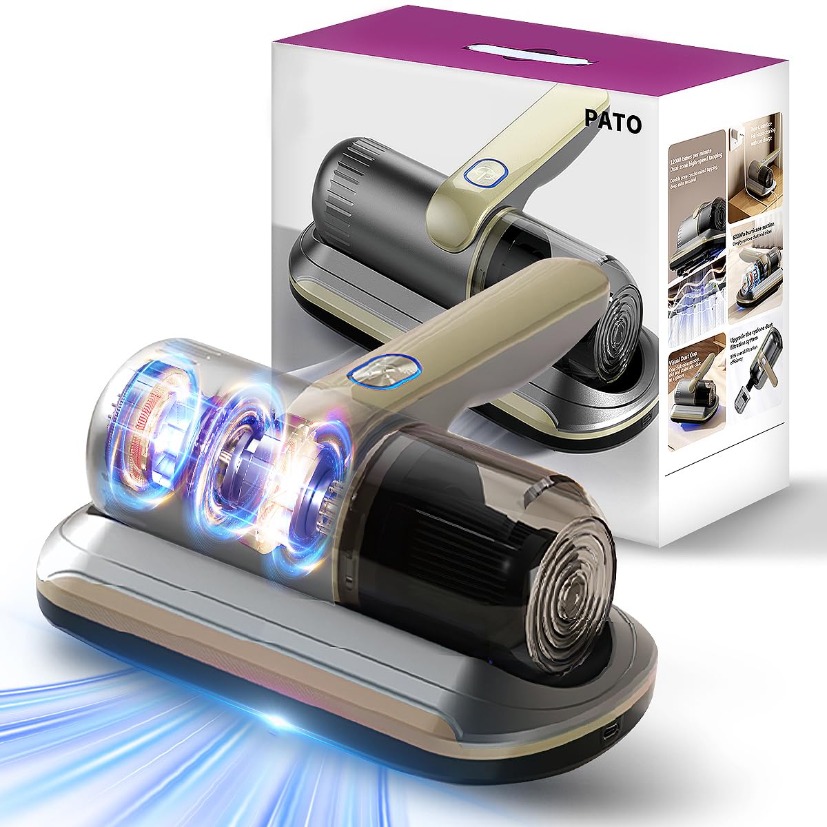 PATO Mattress Vacuum Cleaner, Wireless Handheld Bed Vacuum Cleaner with Cleaning Light, HEPA Filter and Ultrasonic Vibration, 12KPa, Suitable for Beds, Sofas, Car Seats, Carpets (Purple)