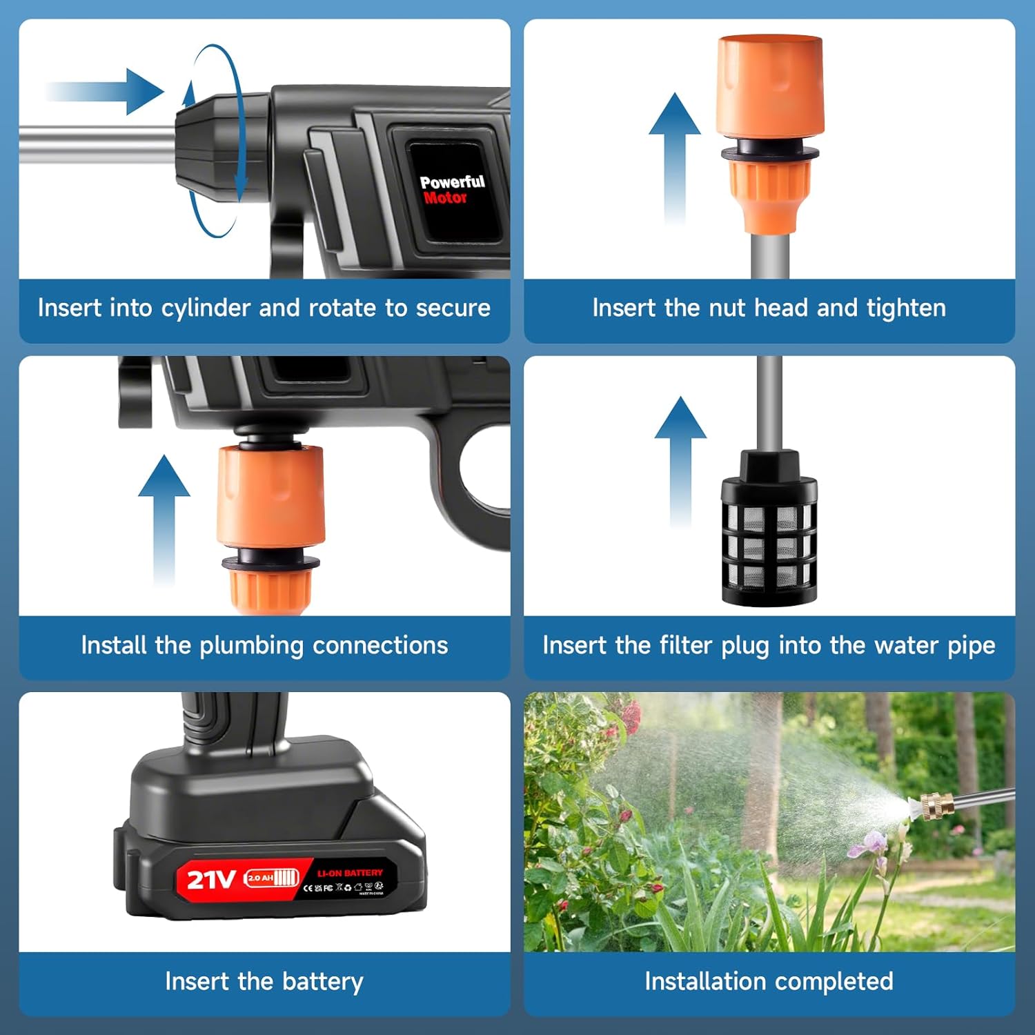 Portable Battery Power Washer 1500W, 60Bar/870 PSI Electric Pressure Washer Handheld High Pressure Car Washer Gun with 2 Nozzles, 2 Battery, 5m Hose Cordless Jet Washers for Car/Floor/Patio