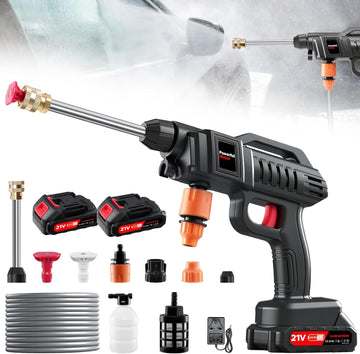 Portable Battery Power Washer 1500W, 60Bar/870 PSI Electric Pressure Washer Handheld High Pressure Car Washer Gun with 2 Nozzles, 2 Battery, 5m Hose Cordless Jet Washers for Car/Floor/Patio