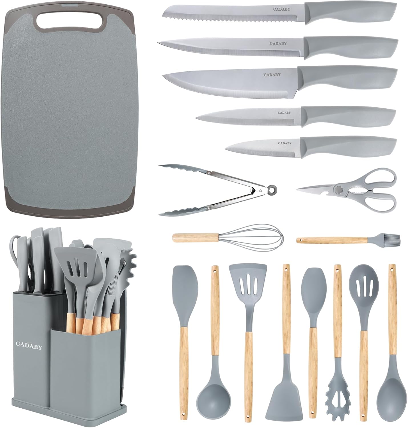 19 PCS Kitchen Cooking Utensils Set, 11 Pieces Silicone Cooking Utensils Set 6 Pieces Sharp Stainless Steel Gray Knife Set with 1 Piece Cutting Board, Ideal for Apartment