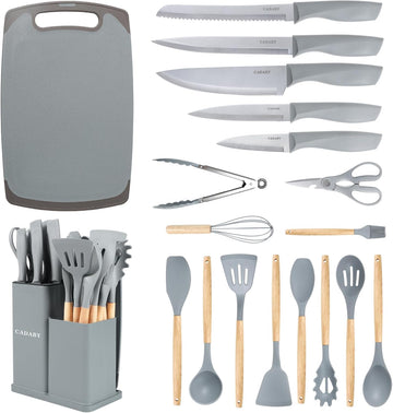19 PCS Kitchen Cooking Utensils Set, 11 Pieces Silicone Cooking Utensils Set 6 Pieces Sharp Stainless Steel Gray Knife Set with 1 Piece Cutting Board, Ideal for Apartment