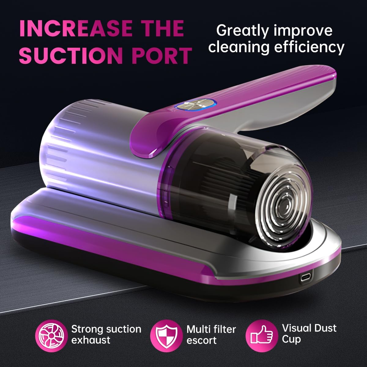 PATO Mattress Vacuum Cleaner, Wireless Handheld Bed Vacuum Cleaner with Cleaning Light, HEPA Filter and Ultrasonic Vibration, 12KPa, Suitable for Beds, Sofas, Car Seats, Carpets (Purple)