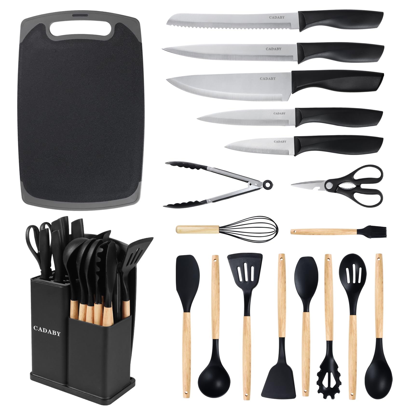 19 PCS Kitchen Cooking Utensils Set, 11 Pieces Silicone Cooking Utensils Set 6 Pieces Sharp Stainless Steel Gray Knife Set with 1 Piece Cutting Board, Ideal for Apartment