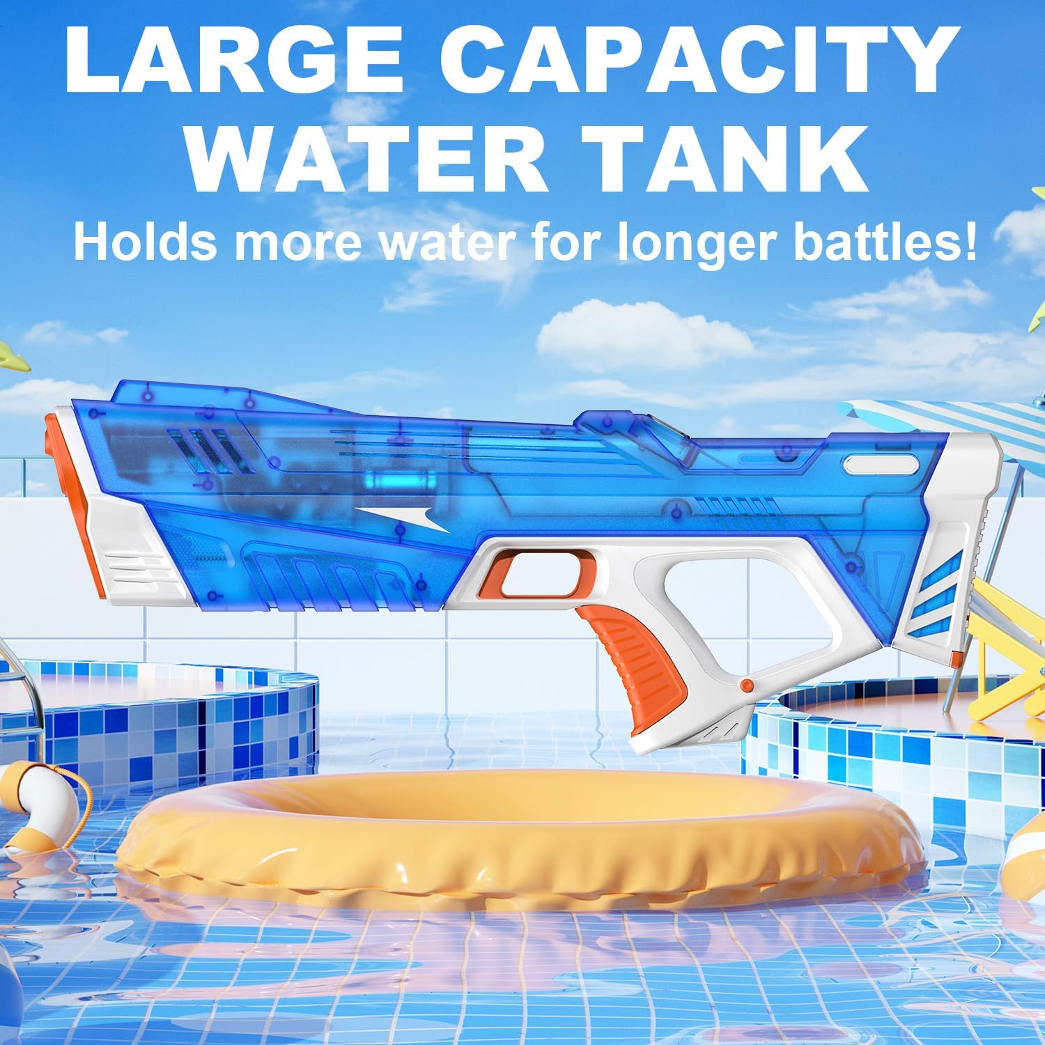 Pakoo Electric Water Gun for Adults Kids, High-Capacity Automatic Squirt Gun with LED Lights, 32FT Long Range Transparent Water Blaster, Summer Outdoor Pool & Beach Party Toys for Boys Girls