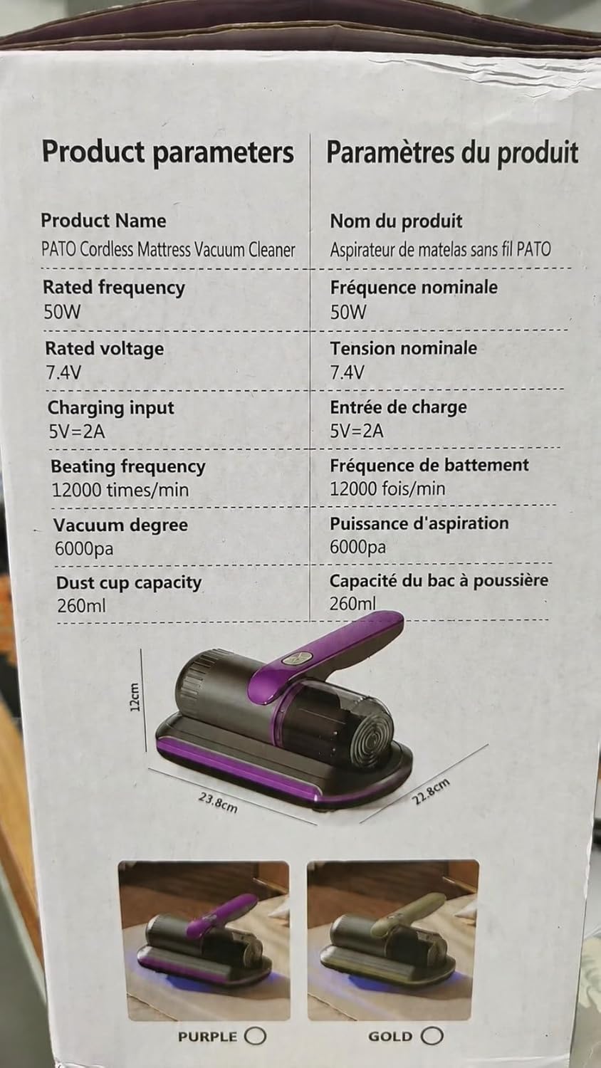 PATO Mattress Vacuum Cleaner, Wireless Handheld Bed Vacuum Cleaner with Cleaning Light, HEPA Filter and Ultrasonic Vibration, 12KPa, Suitable for Beds, Sofas, Car Seats, Carpets (Purple)