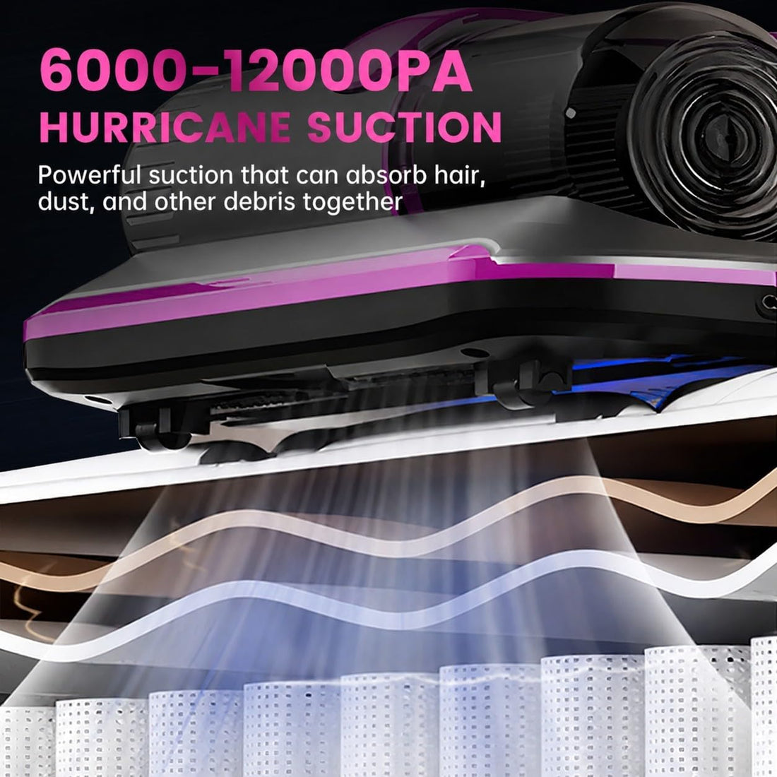 PATO Mattress Vacuum Cleaner, Wireless Handheld Bed Vacuum Cleaner with Cleaning Light, HEPA Filter and Ultrasonic Vibration, 12KPa, Suitable for Beds, Sofas, Car Seats, Carpets (Purple)