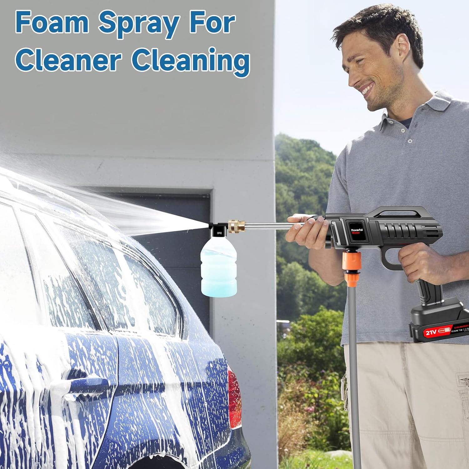 Portable Battery Power Washer 1500W, 60Bar/870 PSI Electric Pressure Washer Handheld High Pressure Car Washer Gun with 2 Nozzles, 2 Battery, 5m Hose Cordless Jet Washers for Car/Floor/Patio