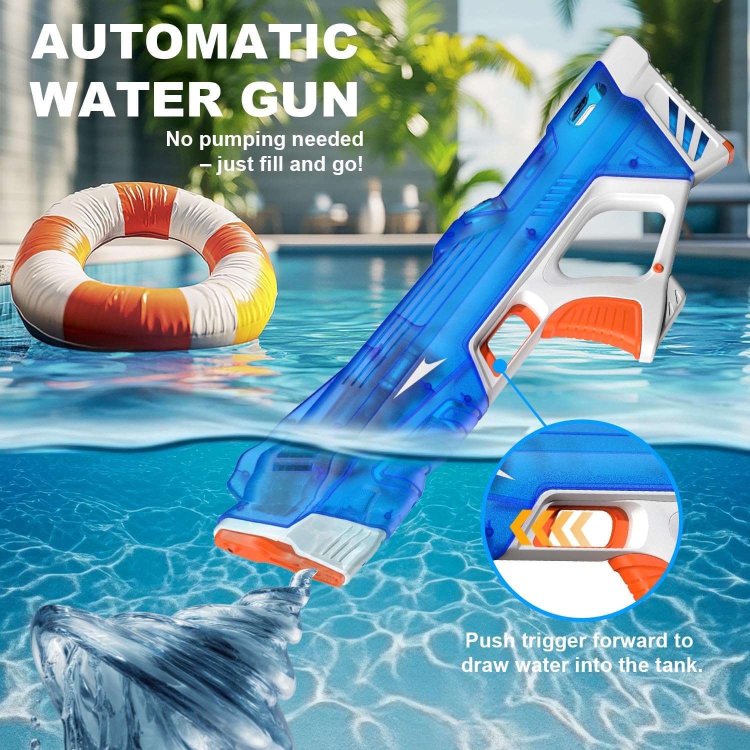 Pakoo Electric Water Gun for Adults Kids, High-Capacity Automatic Squirt Gun with LED Lights, 32FT Long Range Transparent Water Blaster, Summer Outdoor Pool & Beach Party Toys for Boys Girls