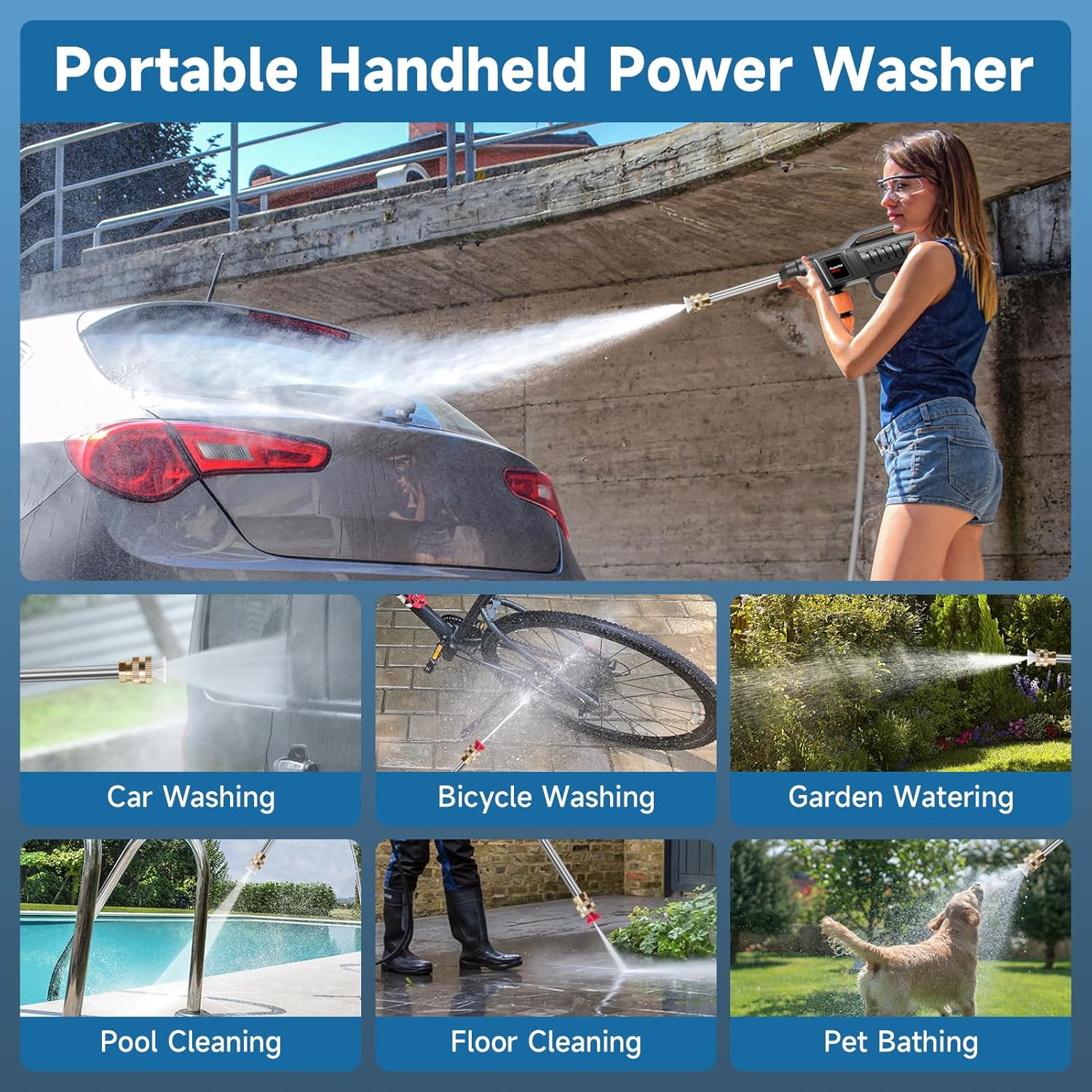 Portable Battery Power Washer 1500W, 60Bar/870 PSI Electric Pressure Washer Handheld High Pressure Car Washer Gun with 2 Nozzles, 2 Battery, 5m Hose Cordless Jet Washers for Car/Floor/Patio