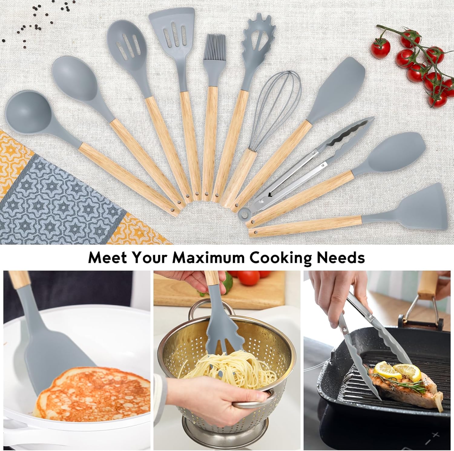 19 PCS Kitchen Cooking Utensils Set, 11 Pieces Silicone Cooking Utensils Set 6 Pieces Sharp Stainless Steel Gray Knife Set with 1 Piece Cutting Board, Ideal for Apartment