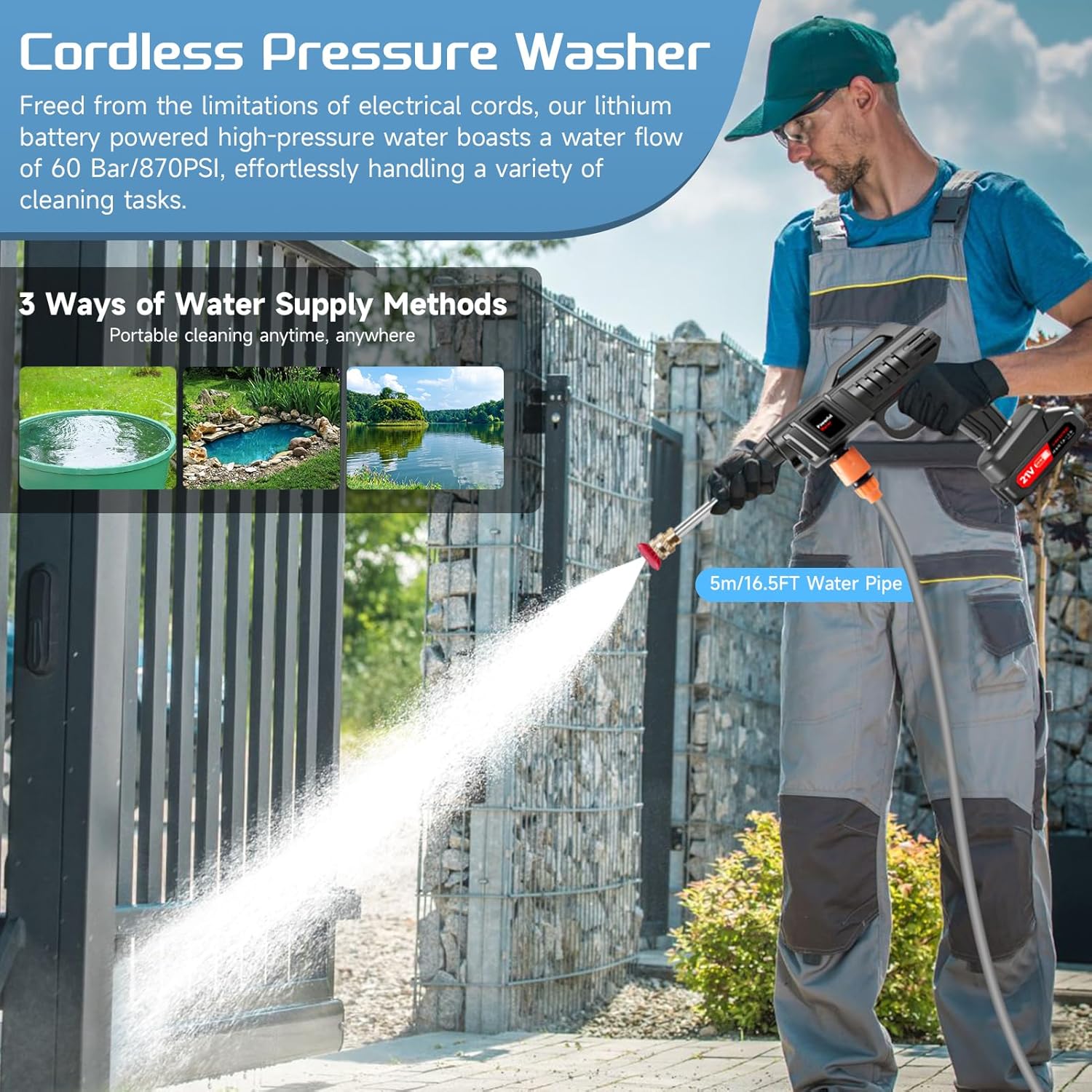 Portable Battery Power Washer 1500W, 60Bar/870 PSI Electric Pressure Washer Handheld High Pressure Car Washer Gun with 2 Nozzles, 2 Battery, 5m Hose Cordless Jet Washers for Car/Floor/Patio