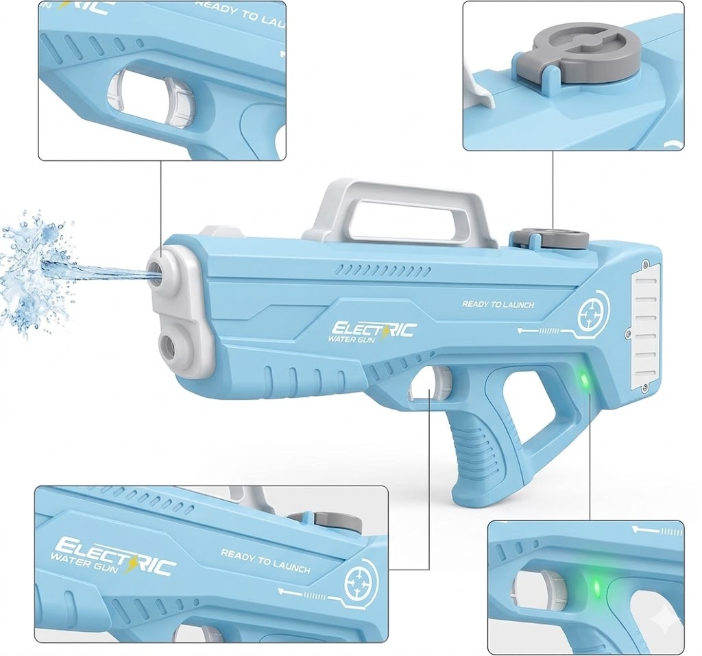 High Power Electric Water Blaster – Auto Refill, Strong Stream & Rechargeable Battery رشاش ماء كهربائي قوي – تعبئة تلقائية وتدفق قوي وبطارية قابلة للشحن